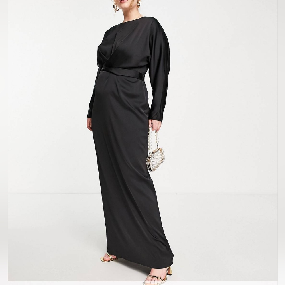 NWT ASOS Satin Maxi Dress Batwing Sleeves and Wrap Waist Black Women's Size 10